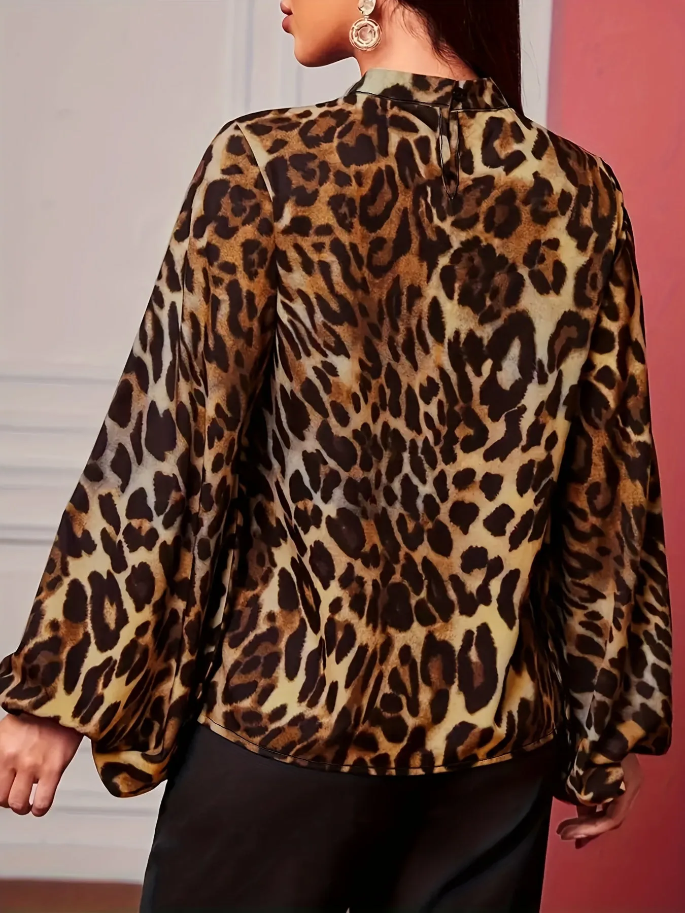 Plus Size Elegant Leopard Print Blouse - Crew Neck, Woven Polyester, Non-Stretch, Random Printed, Oversized Shirting for Spring/Summer/Fall - Keyhole Back, Mock Neck, Lantern Sleeve Shirt Top