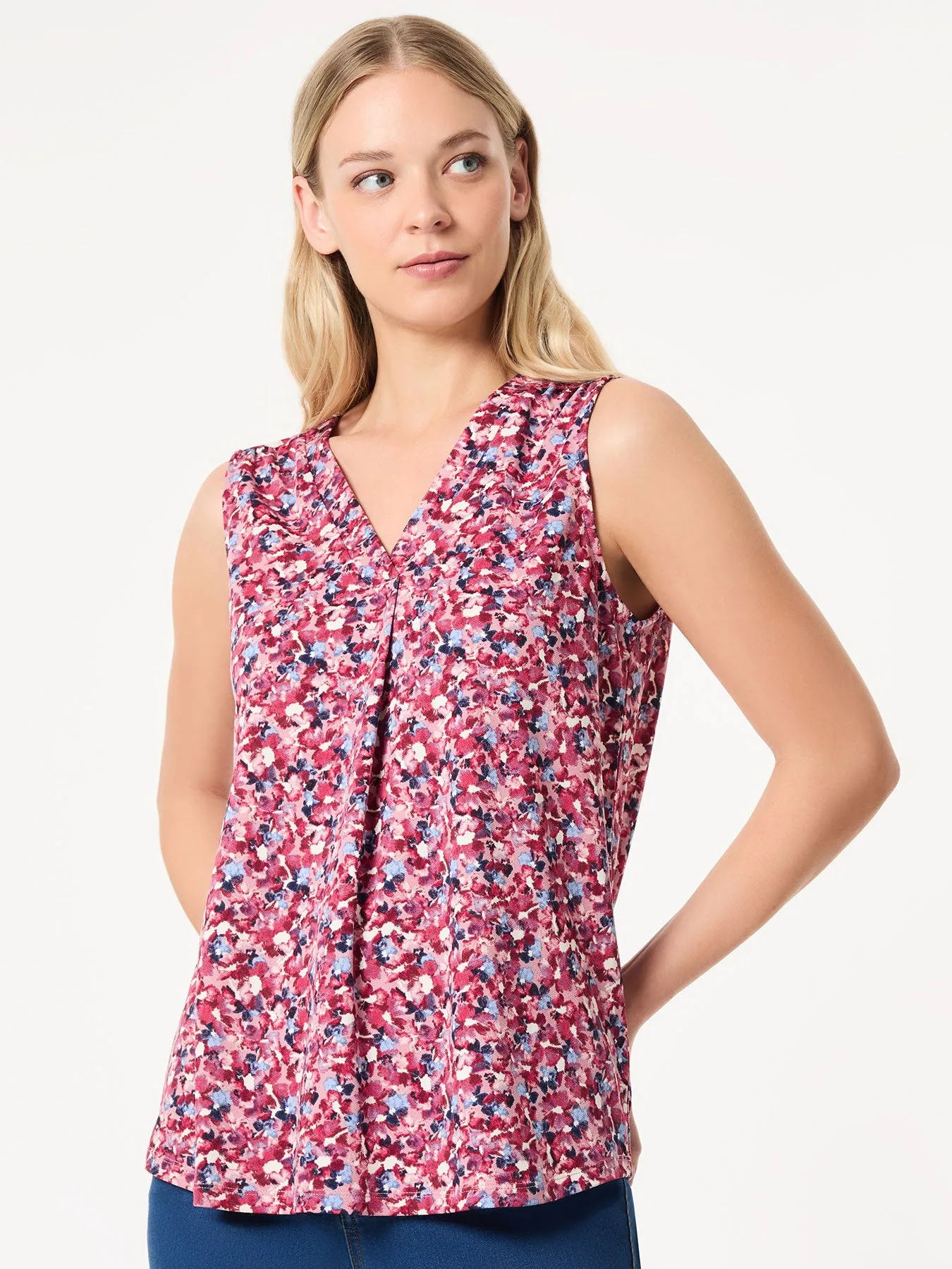 Printed Sleeveless V-Neck Top, Moss Crepe