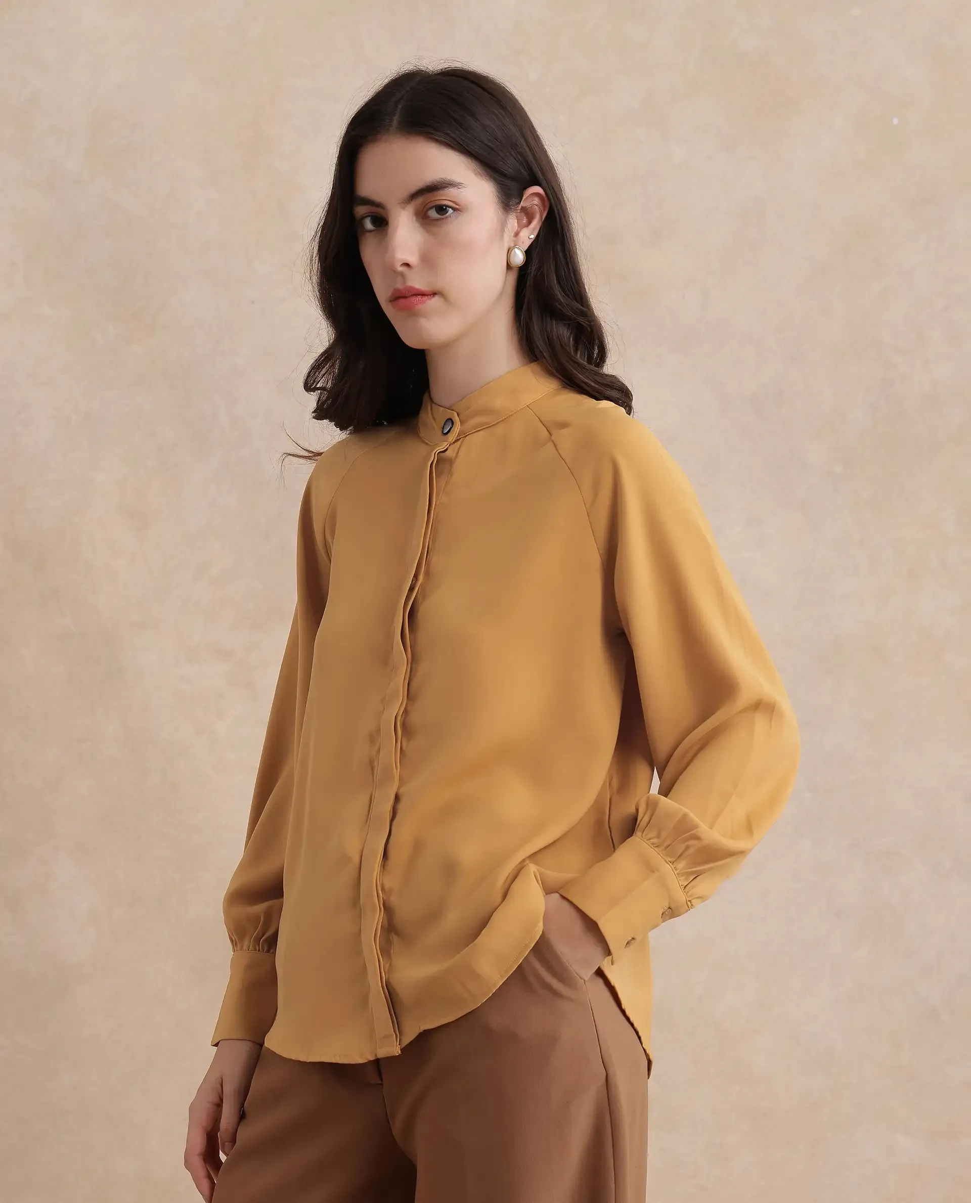 Rareism Women Snera Yellow Poly Blend Fabric Cuffed Sleeve Collared Neck Button Closure Plain Top