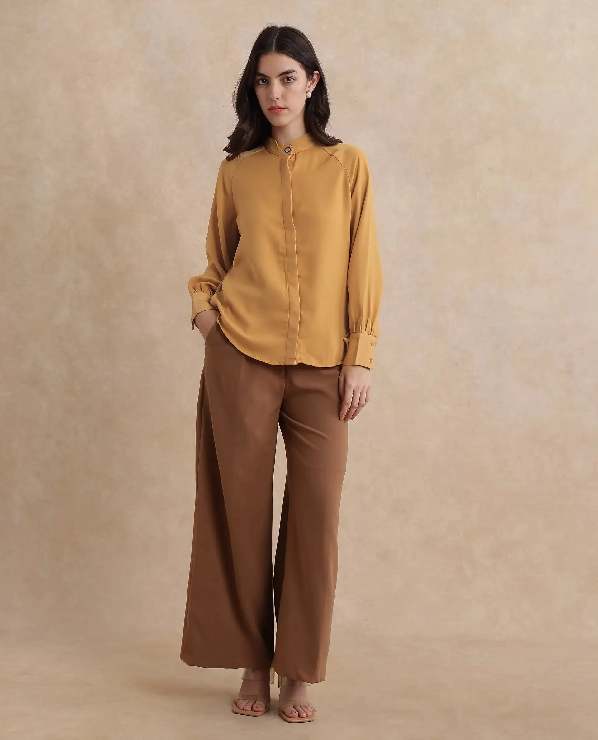 Rareism Women Snera Yellow Poly Blend Fabric Cuffed Sleeve Collared Neck Button Closure Plain Top