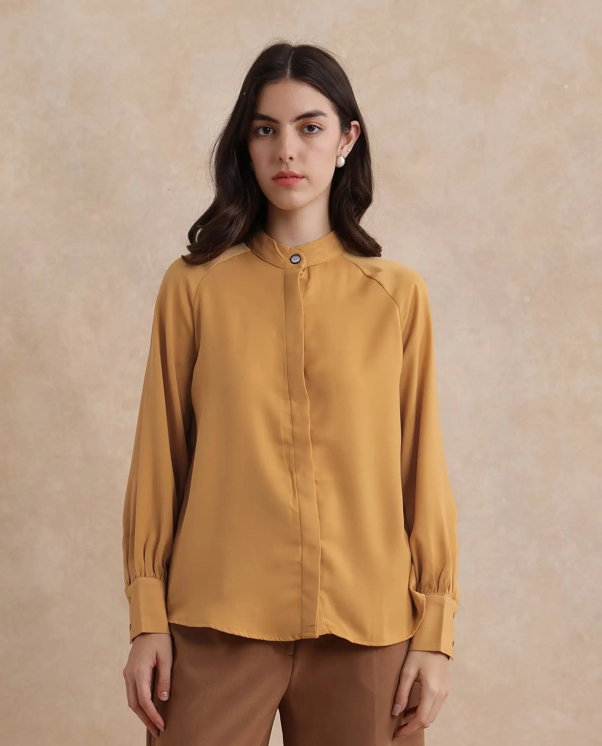 Rareism Women Snera Yellow Poly Blend Fabric Cuffed Sleeve Collared Neck Button Closure Plain Top