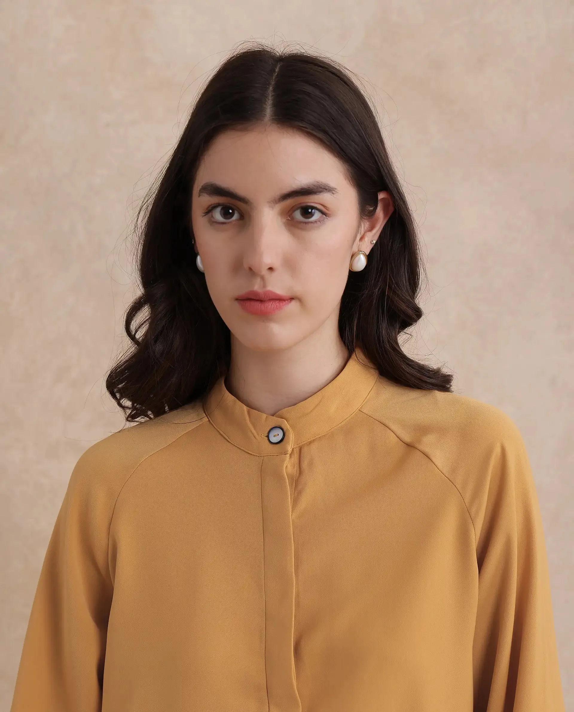 Rareism Women Snera Yellow Poly Blend Fabric Cuffed Sleeve Collared Neck Button Closure Plain Top