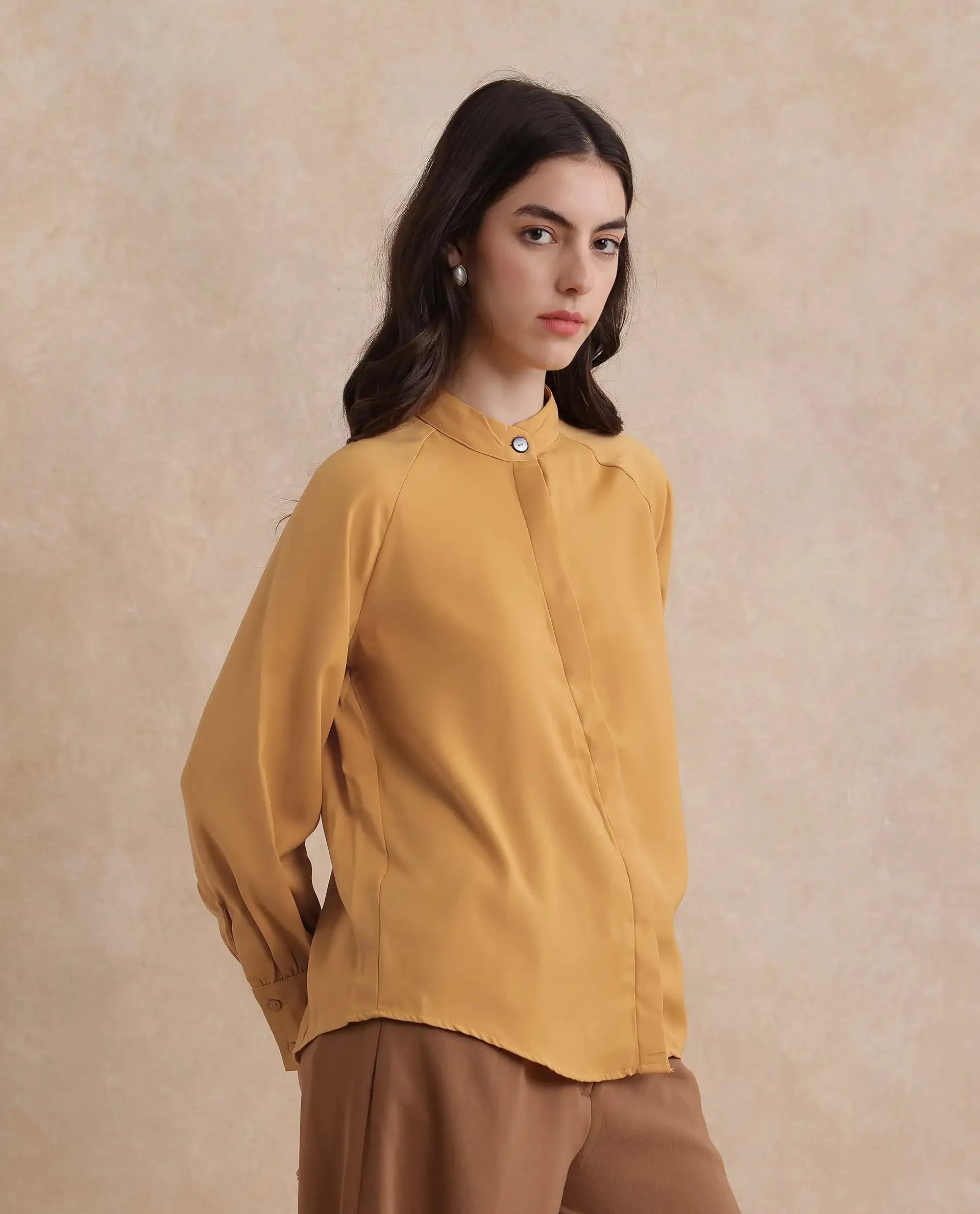 Rareism Women Snera Yellow Poly Blend Fabric Cuffed Sleeve Collared Neck Button Closure Plain Top