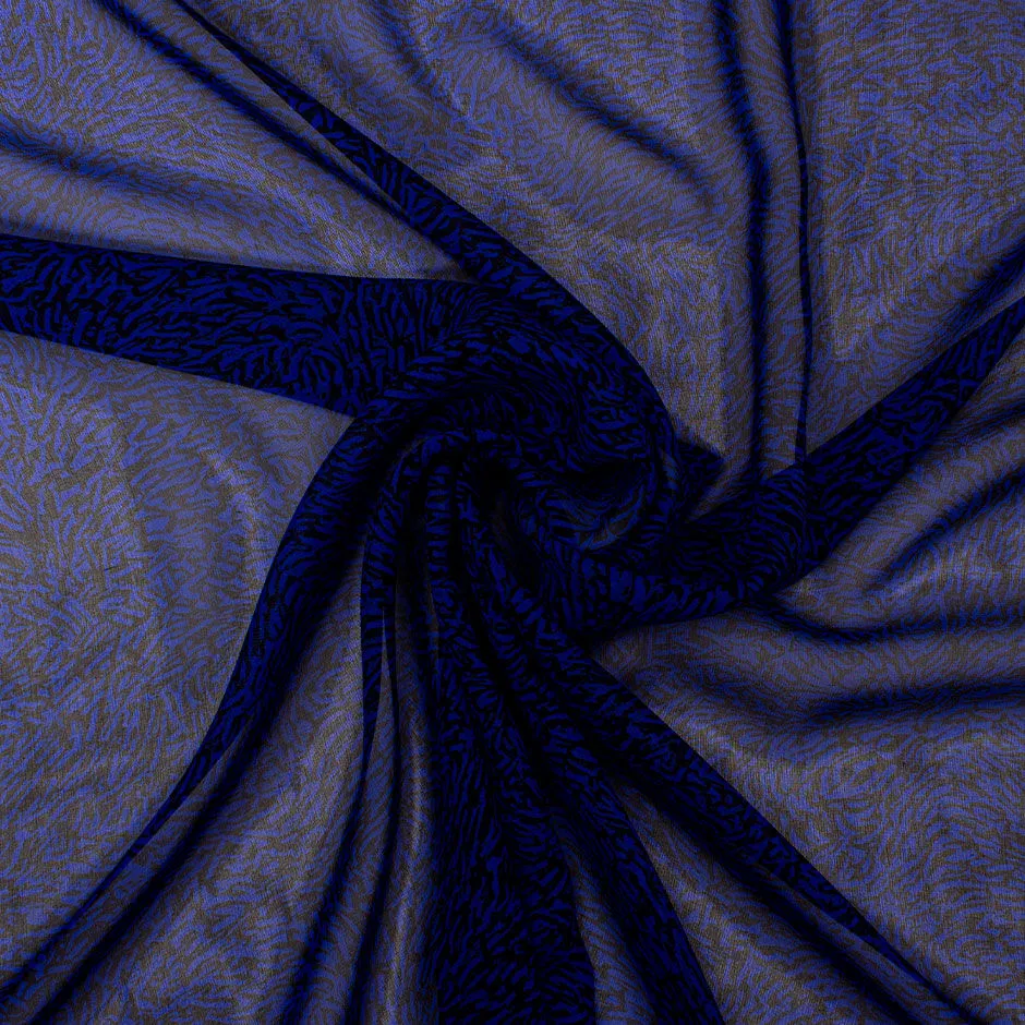 Royal Blue & Black Patterned Pure Silk Georgette