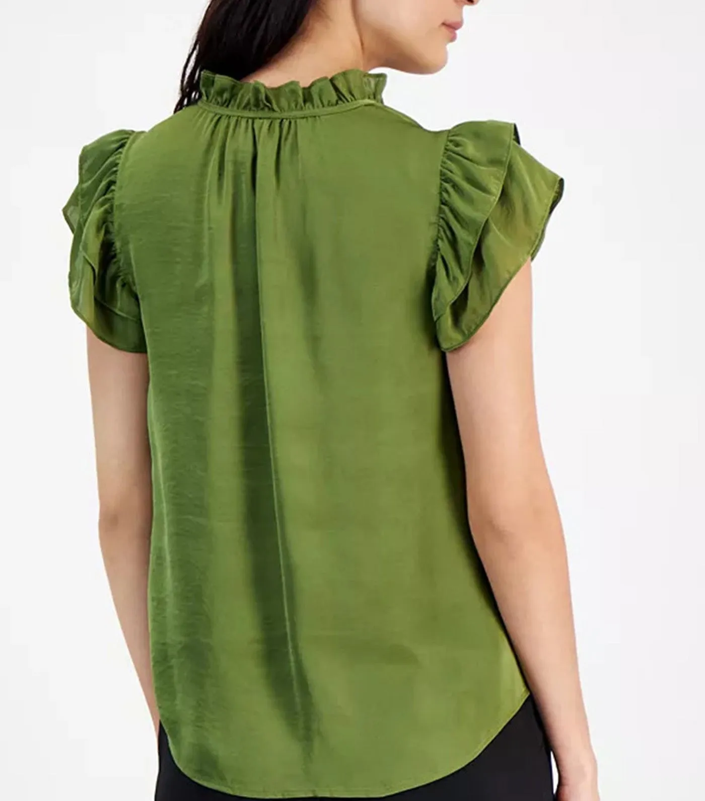 Tie-Neck Ruffle-Sleeve Blouse Bay Leaf