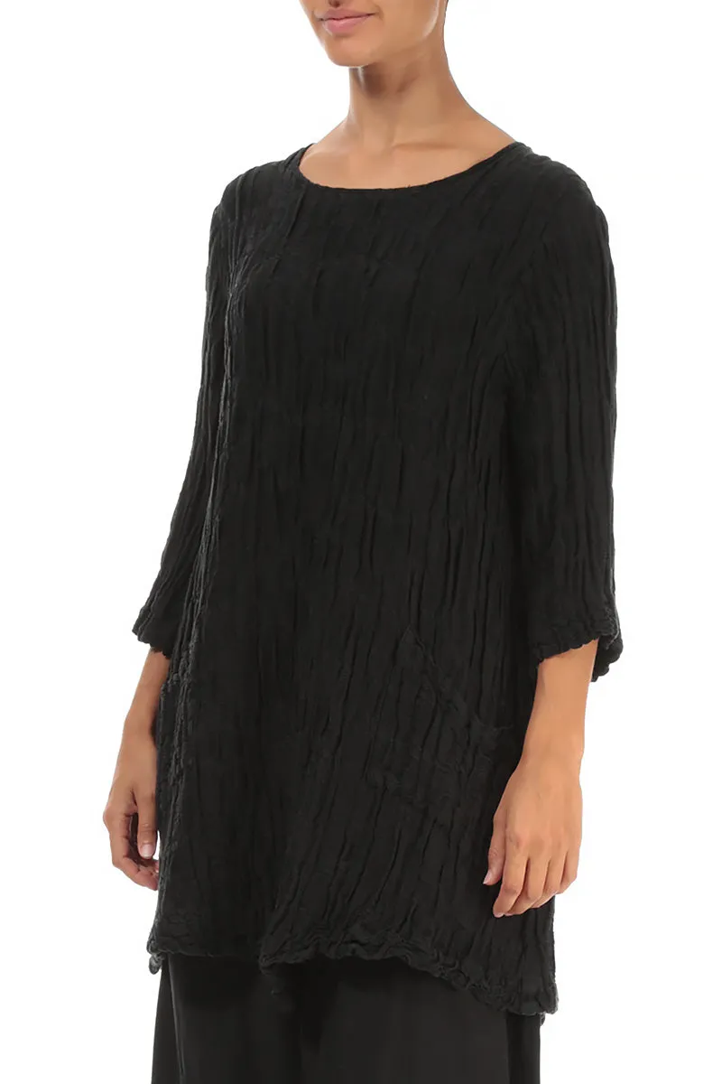 Two Pockets Black Circle Silk Linen Tunic