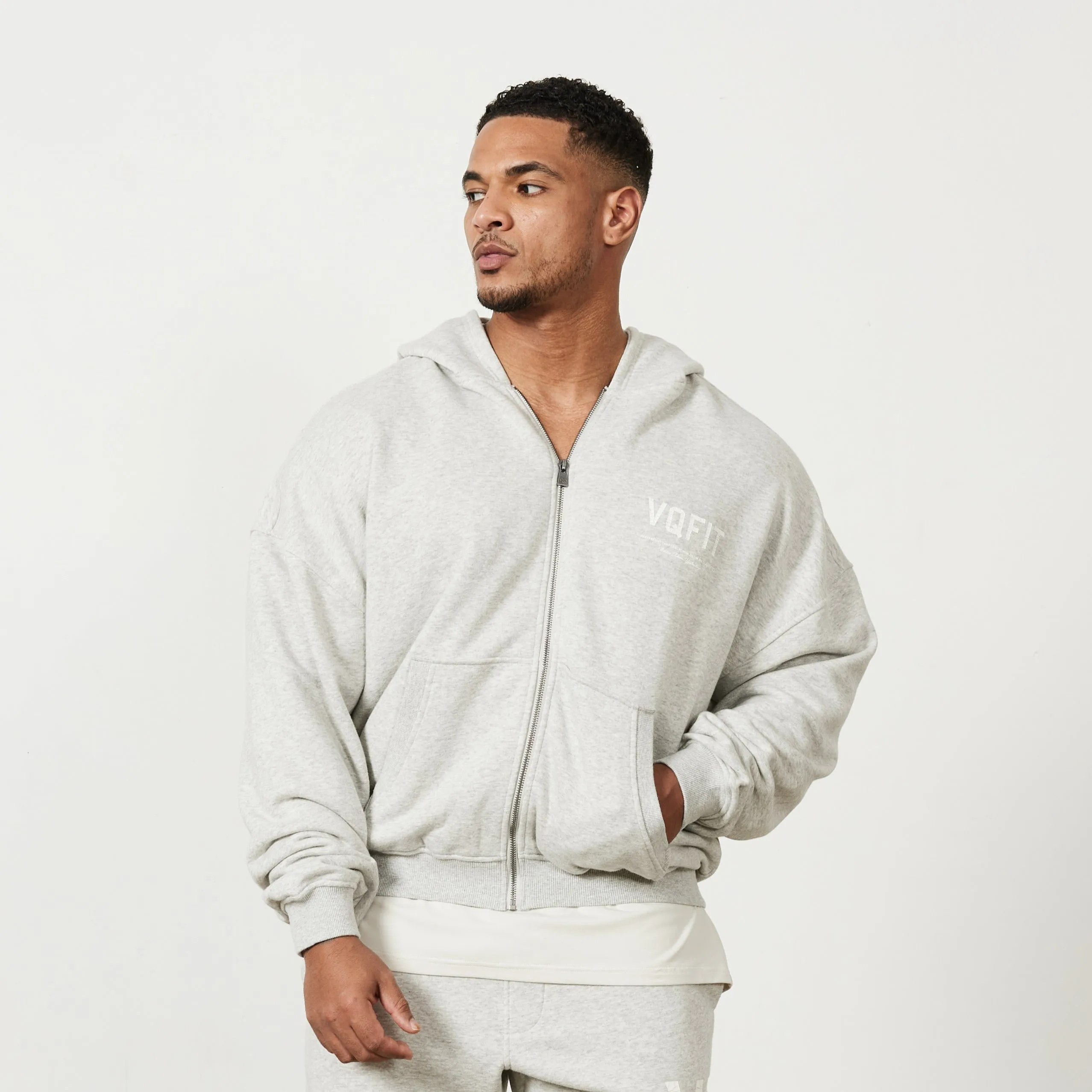 Vanquish VQFIT Distressed Print Oat Marl Full Zip Oversized Hoodie