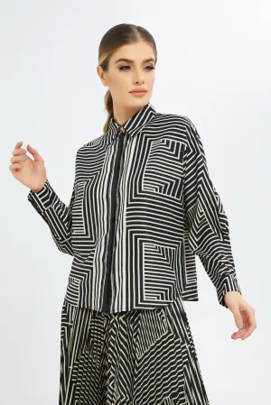 Women Black And White Printed Collared Blouse