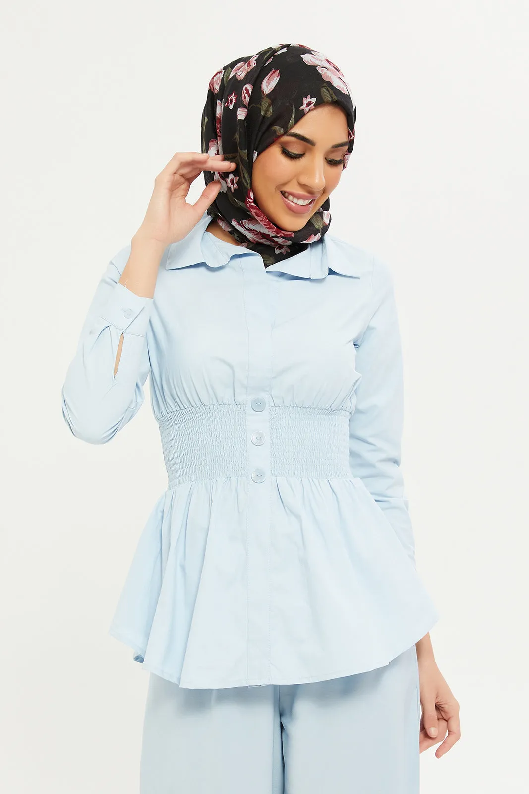 Women Blue Collared Waist Smocking Blouse