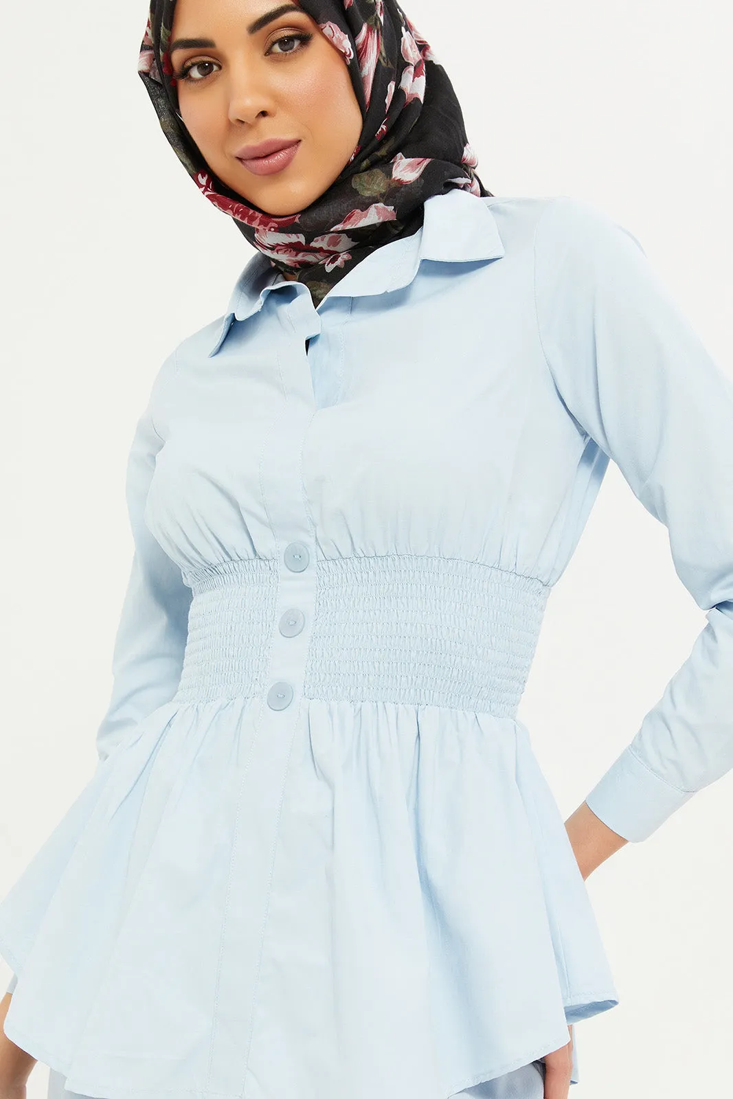 Women Blue Collared Waist Smocking Blouse