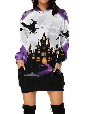 Women Halloween Ghost Castle Graphic Print Hoodies